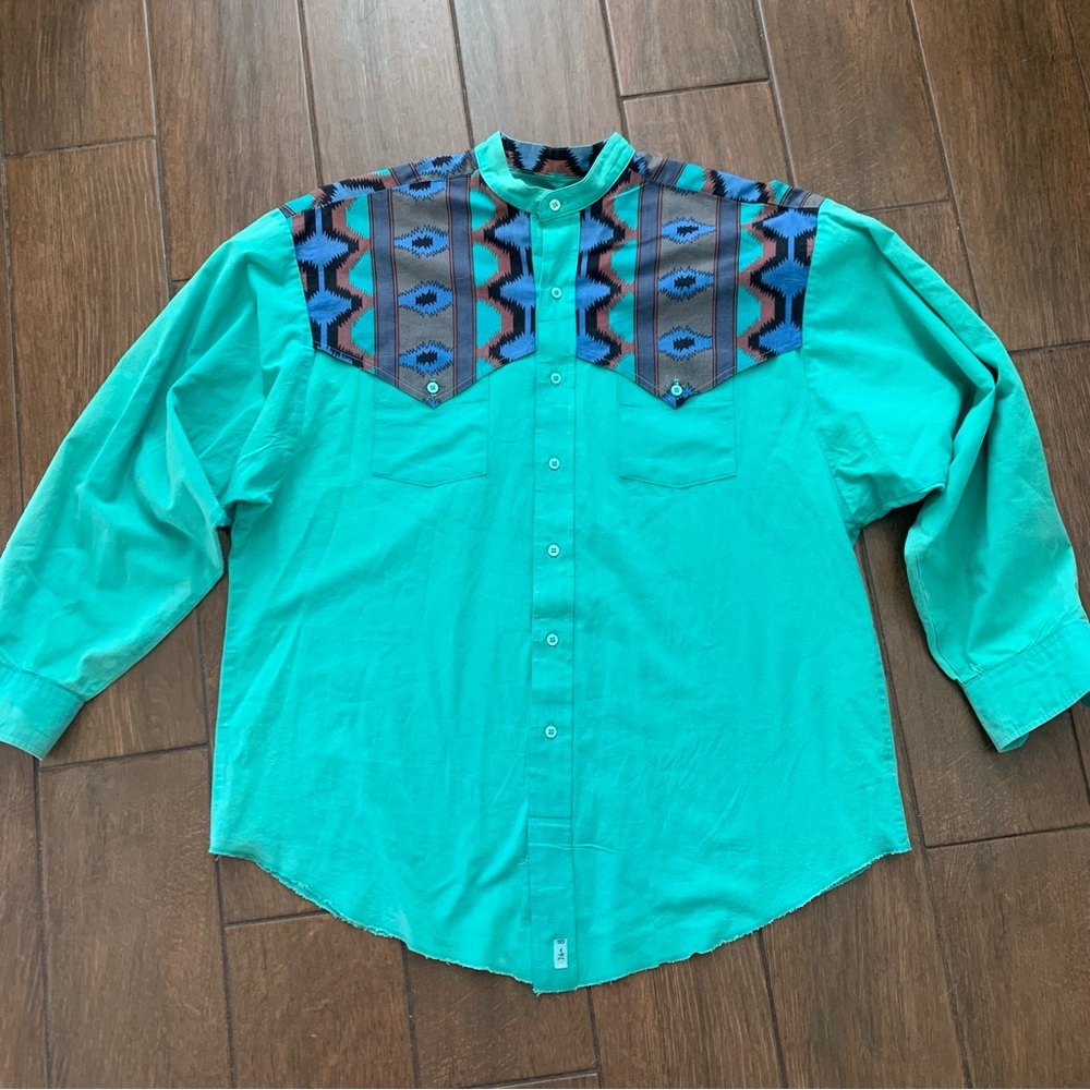 Western Panhandle Slim Vintage 90s Teal Mens Shirt size L 16 1/2